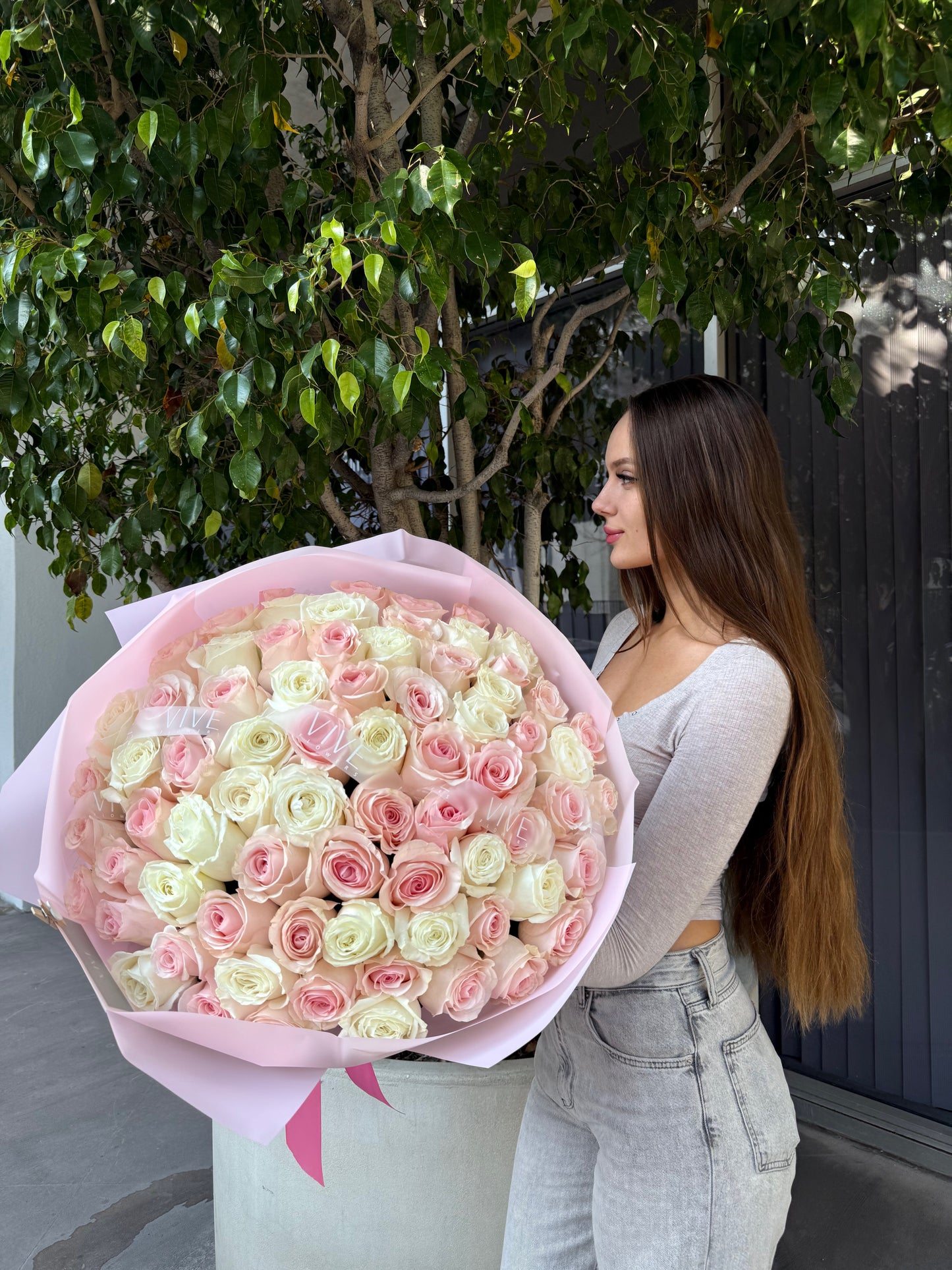 150 roses (white and pink)